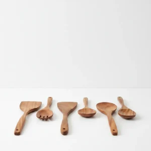 natural wooden spatulas set for cooking and serving kitchen use