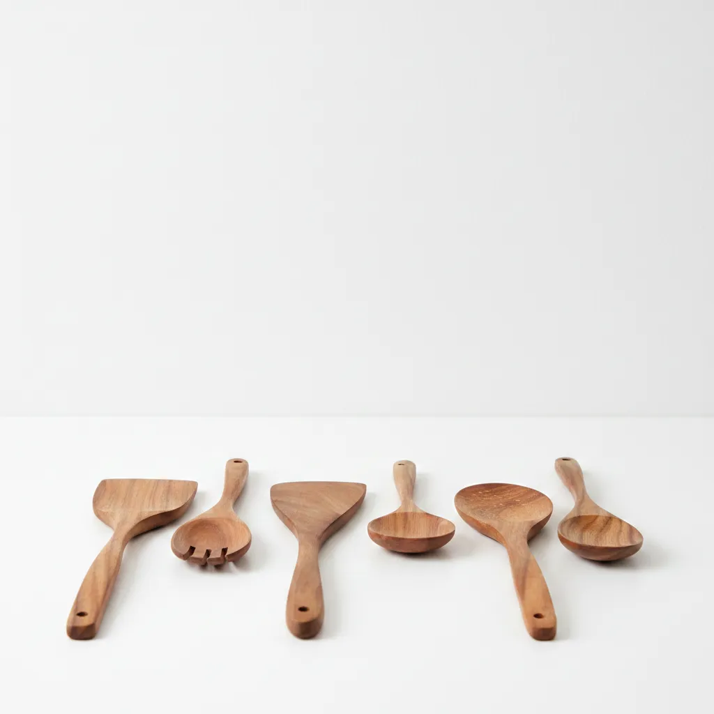 natural wooden spatulas set for cooking and serving kitchen use