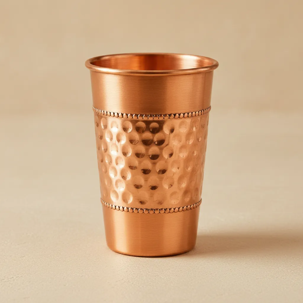 Decorative hammered copper cup with embossed texture and artisan beaded bands