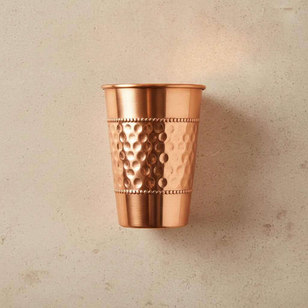 Hammered copper cup with decorative beaded bands and natural copper finish