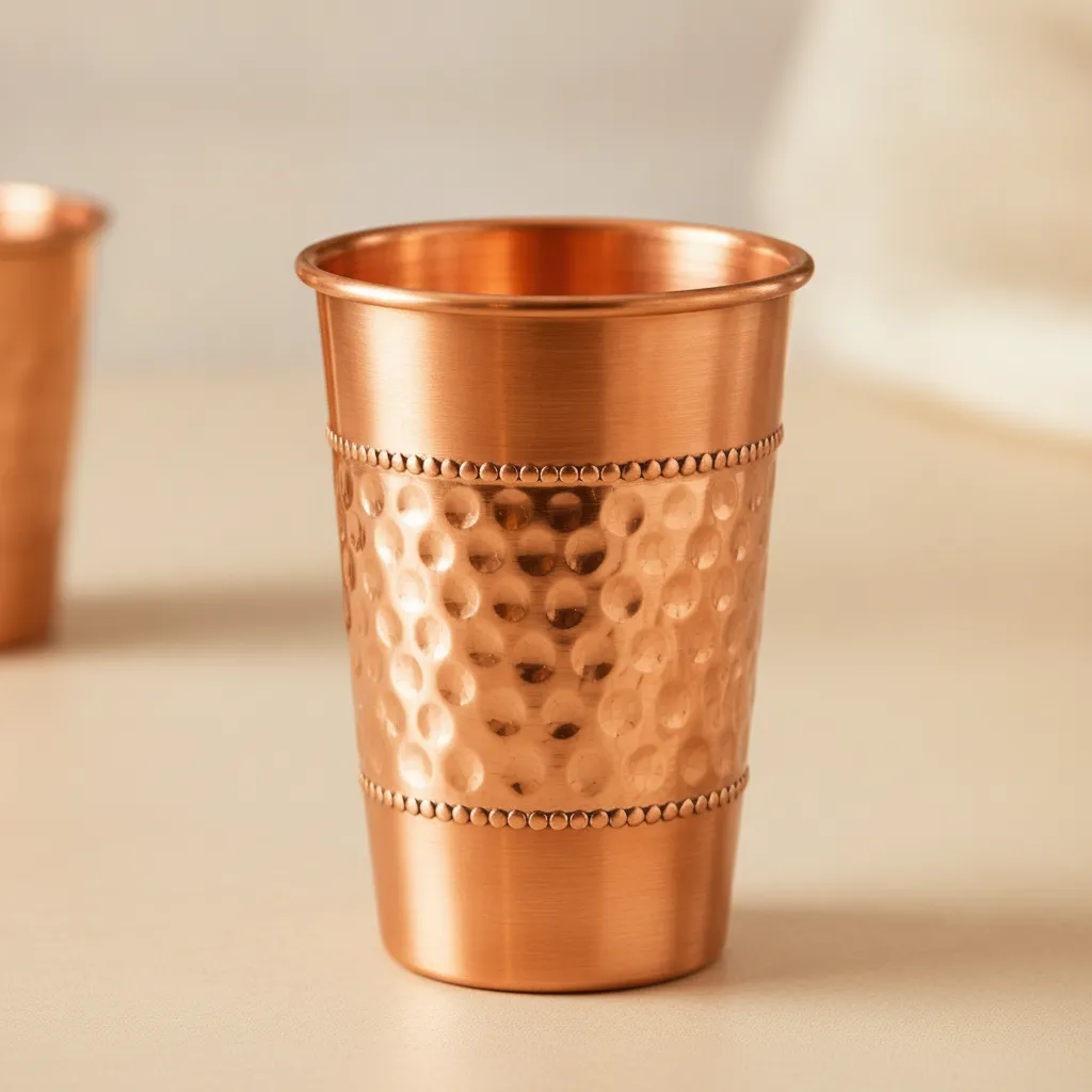 Hammered copper cup traditional drinking tumbler with cylindrical tapered design