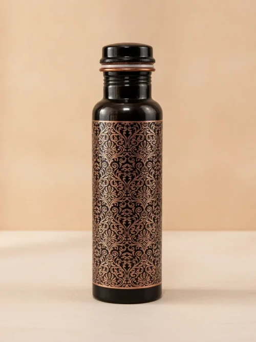 antique black engraved copper water bottle 1 liter with ornamental floral scroll pattern