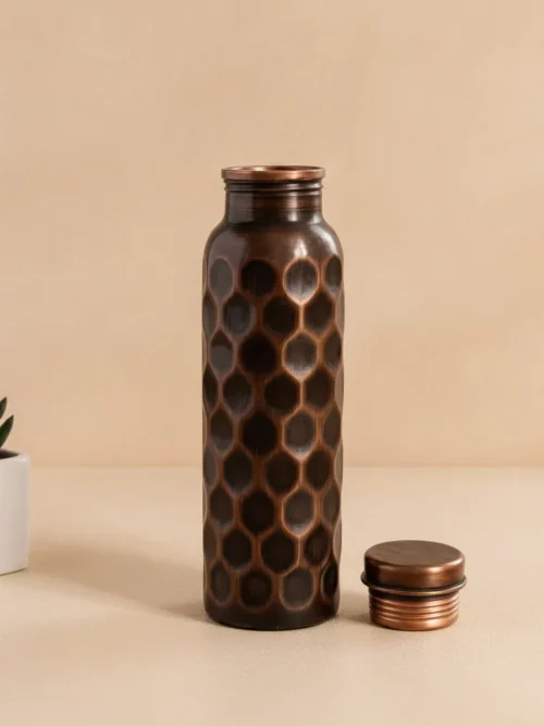 antique honeycomb hammered copper water bottle 1 liter with hexagonal pattern