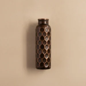 antique honeycomb hammered copper water bottle with dark brown finish and screw cap