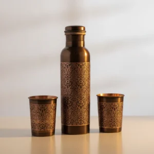 black antique engraved copper water bottle gift set with screw cap and matching tumblers