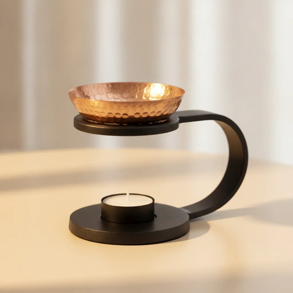 copper massage oil heater with copper bowl and sturdy metal base for spa use