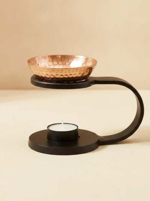 copper massage oil heater with 5 inch copper bowl and metal stand
