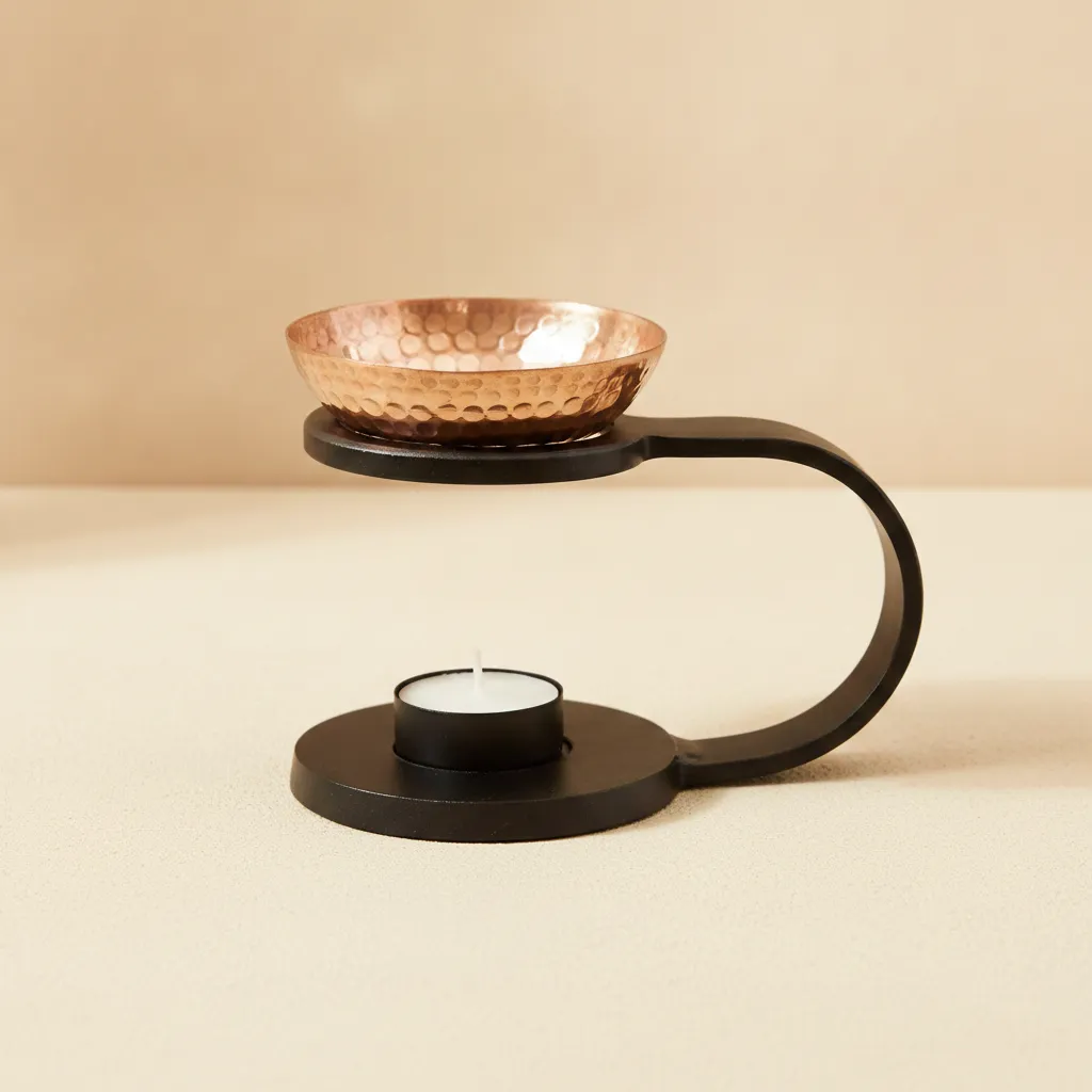 copper massage oil heater with 5 inch copper bowl and metal stand
