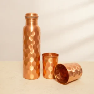 diamond hammered copper water bottle & cup set with 300 ml cups and screw cap
