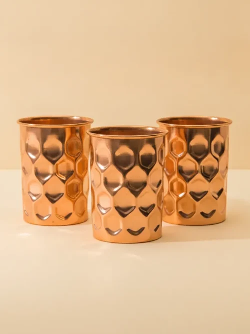 diamond hammered copper cup 300ml with geometric embossed pattern