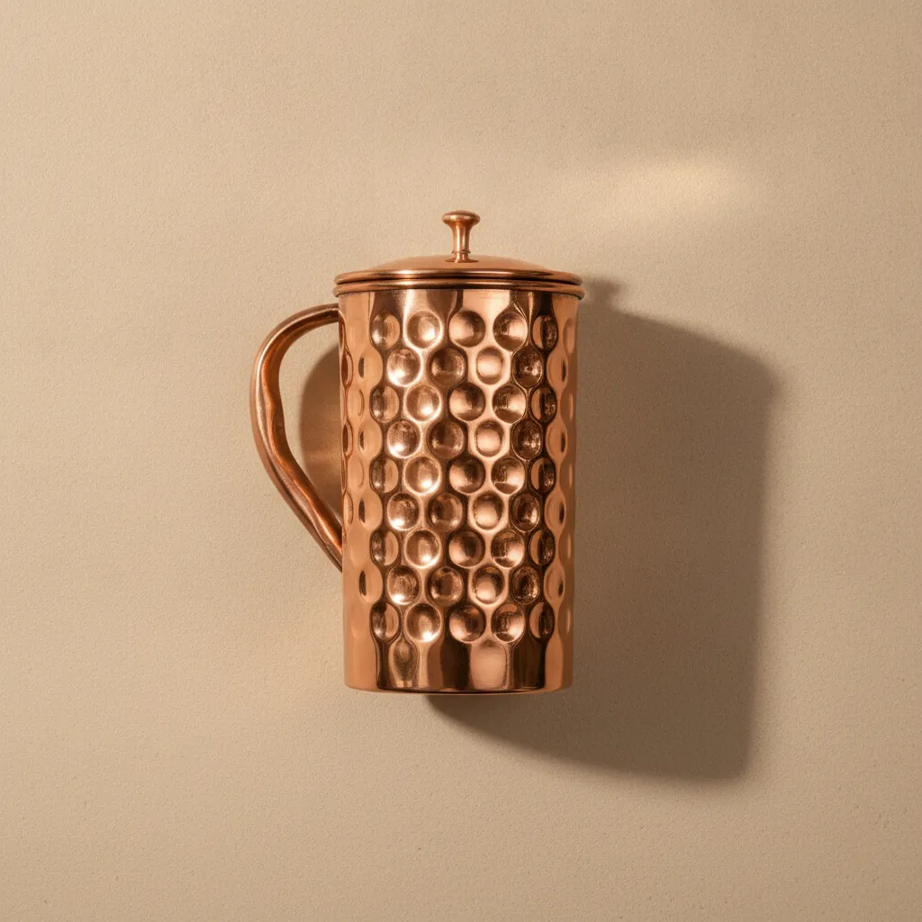 diamond hammered copper jug 20cm high 10cm diameter weighing 600 grams