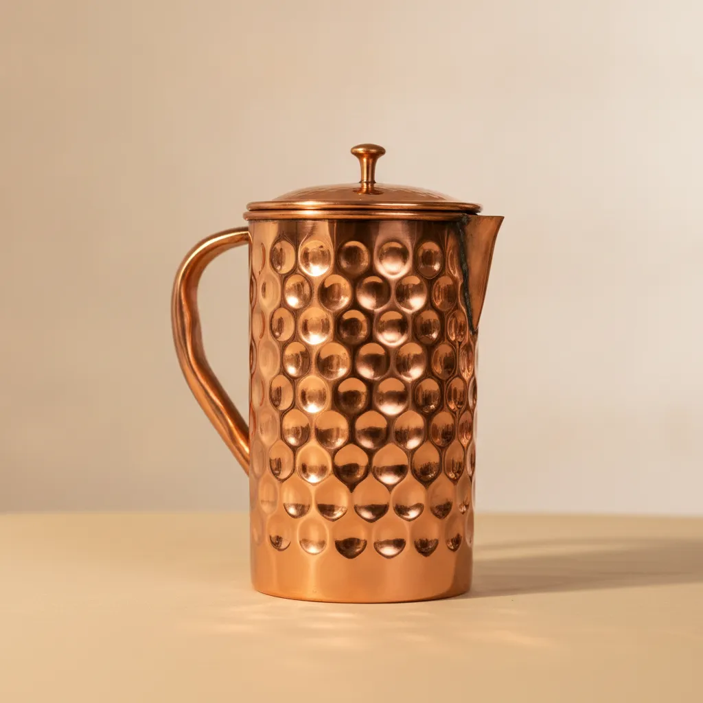 diamond hammered copper jug featuring geometric embossed texture and handmade finish