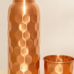 handcrafted diamond hammered copper water bottle and cup set with 99%+ copper purity, purity test report available on request