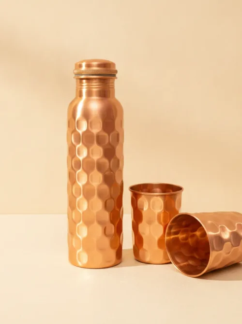 diamond hammered copper water bottle and cup set with 1 liter bottle and 2 matching tumblers