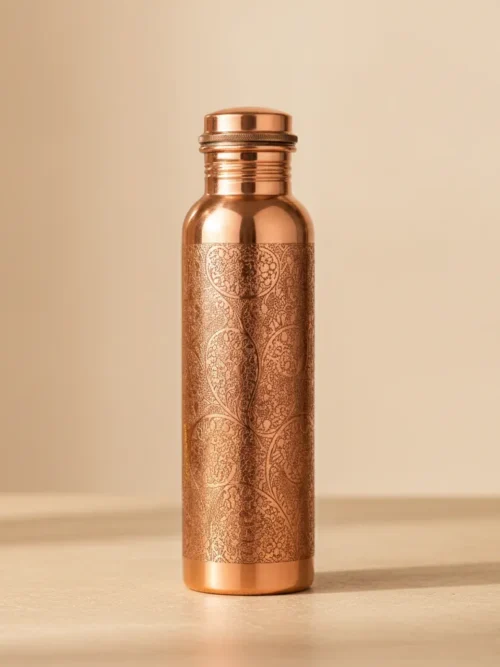 engraved copper water bottle 1 liter with floral paisley pattern and screw cap