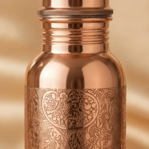 decorative copper water bottle with polished finish, 8 cm diameter and 28 cm height